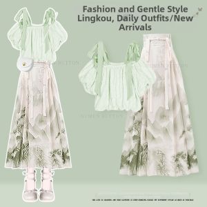 NUMEN BUTTON | Summer New Women Loose Fit Top and Skirt Set