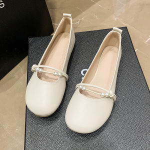 Spring Autumn New Womens Flat Bottom Pearl Mouth Fairy Style Single Shoes Comfortable Low Heel Rubber Outsole Daily Wear