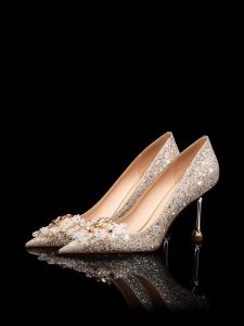 Giày Cao Gót Đính Pha Lê Cho Cô Dâu Giày Cưới Thời Trang Đế Cao 5-8cm Mũi Nhọn Đế Bằng Mùa Hè 2024