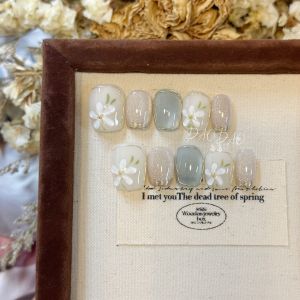 24 Hour Dispatch Short Staircase 15mm Drip Glue Flower Cat Eye Hand Painted French Style Ice Transparent Hand Wearable False Nails