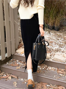 Velvet Skirt Black Sheath Long Dress for Women Mid-Length Autumn and Winter High Waist Slit Retro Slimming and Velvet Padded Straight Skirt