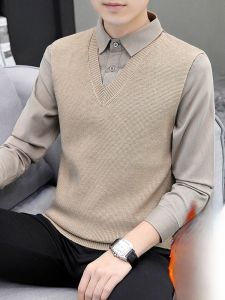 ROMON | Lormen Mens Knitted Fleece Lined Shirt Collar Sweater Casual Thick Winter New Style Two-Piece Look Comfortable Breathable