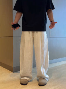 Quần Dài Nam Vải Lanh Trắng Phong Cách Mỹ Mùa Hè Rộng Rãi Thoải Mái Quần Ống Rộng Vải Lanh Cotton Quần Dài Thường Ngày