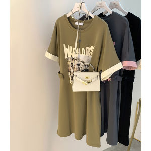 AMILUCK | Casual Cotton T-Shirt Dress Women Loose Slimming Comfortable Mid-Length Summer Dress Round Neck Short Sleeve Letter Print