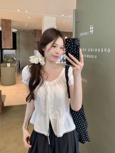Slim Fit round Neck Bubble Sleeve White Shirt Womens Fashion Korean Style Commute Cotton Polyester Blend Short Sleeve Shirt