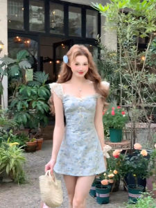 พลัสไซส์ French Sweetnesssquare ปกเสื้อ Feifei Sleeve ลายดอก ทรงเอ สั้น เดรส สลิมฟิต ลำลอง ฤดูใบไม้ผลิ ฤดูร้อน