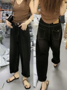 Black Wide Leg Denim Jeans Women plus Size Summer Thin Narrow Nine Points Knife Banana Pants High Waist Old Fashioned Washed