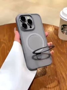 JP With Free Same Color Alloy Lens Films With MagSafe Stand Translucent Frosted Hard Shockproof Phone Case For iPhone 15 14 Pro Max Plus 13 12 11 Pro Max Wireless Charging Phone Casing Skin-friendly Frosted Phone Cover Shell