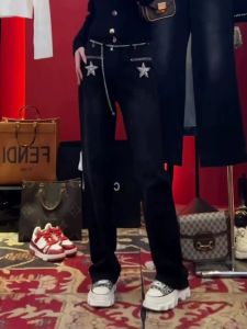 Black High Waist Slimming Star Rhinestone Denim Jeans Womens Straight Leg Long Trousers Spring Autumn New Design Sensation