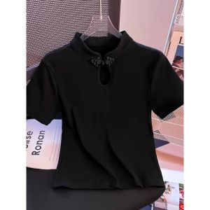 ลำลอง เรียบหรู เสื้อแขนสั้น ผู้หญิง ปกตั้ง ไม่สม่ําเสมอ ดีไซน์ ชุดกี่เพ้า Tang เครื่องแต่งกายแฟชั่นสไตล์จีนใหม่ เสื้อท่อนบน