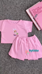 ByKiddos - Setelan Anak Perempuan Lokal Motif Powerpuff / Setelan Rok Pendek dan Lengan Pendek / Motif Powerpuff Gaya Feminim Musim Panas