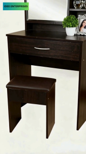 Modern Dark Wood Vanity Table with Mirror Drawer and Storage Shelf & Stool set - #1503