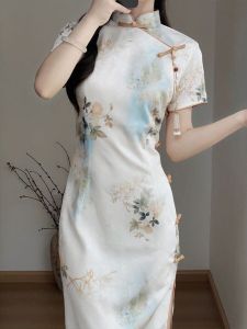 ชุดกี่เพ้าผ้าชีฟองสไตล์จีนใหม่สำหรับผู้หญิงในช่วงวัยรุ่น ชุดเดรสยาวปานกลาง แขนสั้น ระบายอากาศได้ดี ปักลาย ชุดราตรี