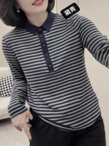 Vintage Stripe Lapel Knitwear Long Sleeves T-shirt Fall and Winter New Arrival Lady Mom Shirt Sweater Loose-Fitting Outerwear Top