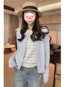 BINKAFENNY | Striped Color Block Short Knitted Open Cardigan Womens Early Autumn Loose Beautiful Soft Unique Top Ladies Commute Style