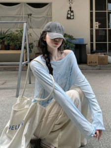 YUEZHONGWEI | Blue Letter Print Off-Shoulder Ice Silk Long Sleeve T-Shirt
