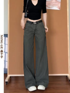American Retro Workwear Jeans High Waist Wide Leg Straight Cut Low Waist Cotton Denim Pants for Taller Women in Military Green