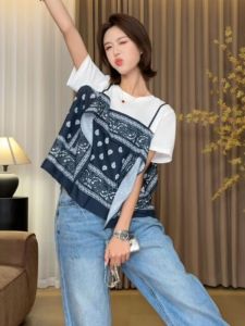 BINKAFENNY | Summer Womens Short Sleeve T-Shirt With Sari Scarf Splicing Design Nut Print Casual Ethnic Style Top Korean Loose Fit Style