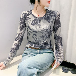 Áo in hình cổ tròn dáng ôm mới Yimei cho mùa thu áo thun lưới nữ dài tay áo thun cơ bản co giãn thời trang xu hướng 2024