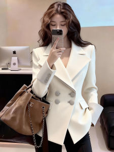 DANTING | Elegant Career Style Double Breasted Waist-Cinching White Blazer