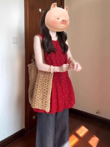 Áo Vest Không Tay Màu Đỏ Kiểu Pháp Thiết Kế Độc Đáo Giảm Tuổi Tác Xếp Ly Tay Áo Kiểu Pháp Mùa Hè 2025 Chất Liệu Mềm Mại