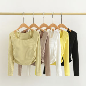 Womens Yoga Fitness Training Top with Chest Pad Long Sleeve Sporty Fashionable Advanced Feeling Spring Summer Fitness Clothing