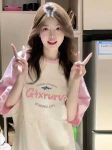 Dopamine Short Sleeve T-Shirt Womens Loose Fit Summer Fashionable Printed Cotton Top for Junior And High School Students