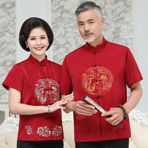 Silk Tang Suit Mens Mid-aged Summer Short Sleeve Couple Style Birthday Celebration Elderly Ceremony True Silk Ensemble