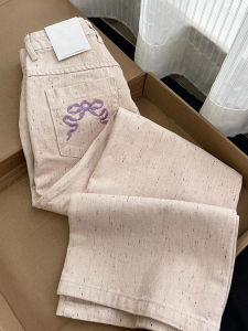 PAIBOLI | Unique Pink Floral Embroidery Straight Leg Jeans Womens Summer 2025 New Small Size Casual High Waist Wide Leg Pants