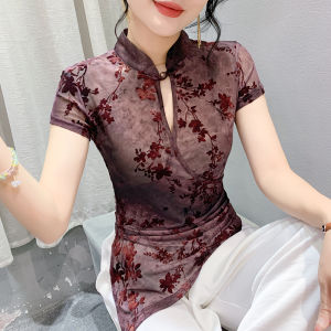 YIMEI New Chinese Irregular Button Short sleeved T-shirt with Womens Style Mesh Slim Fit Retro Printed Top 2024 New Edition