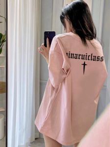 American Retro Pure Cotton Womens T-shirt Short Sleeve Loose Oversize Slimming Trendy Pink Top Summer New Style Commute