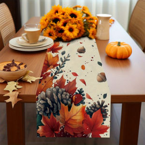 1 Piece of Autumn Forest Table Runner Painted Colorful Leaves Pine Cones Acorns Suitable for Restaurants Homes Picnics Cafes Literary Parties.
