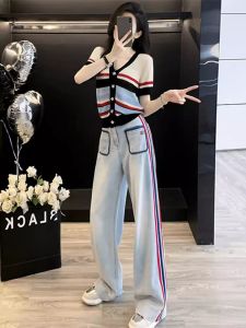 ชุดแฟชั่นสตรีคอวีแขนสั้นผ้าฝ้ายผสมสีบล็อก กางเกงขายาว ชุดแฟชั่นฤดูร้อน 2025 ชุดเสื้อผ้าทำงานสำหรับวัยรุ่น