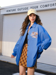 CloudSeason Blue Moment Womens Shirt Design Sensation Niche Cotton Casual Loose Fit Long Sleeve Polo Collar Pure Color