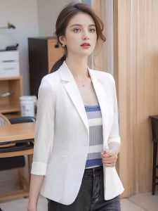 White Summer Thin Sleeveless Womens Blazer Outerwear Mesh Commute Style Slim Fit Regular Length One Button Pure Color Coat