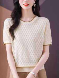 Fancy Ice Silk Short Sleeve T-shirt Womens 2024 New Arrival Summer Dress Western Style Mom Wear Tops Thin plus Size Knitwear