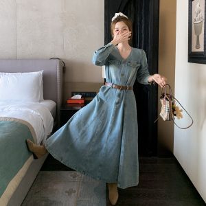 Blue V-Neck Denim Slimming Dress Womens A-Line Skirt Casual Long Sleeve Commute Style Autumn New Lazy Fashion Age-Defying