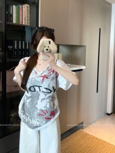 Áo Thun Tay Ngắn in Họa Tiết Phong Cách Hàn Quốc Dành Cho Nữ Mùa Hè Dáng Rộng Thiết Kế Độc Đáo Áo Thun Thường Ngày Chất Liệu Khác