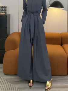 Gray Belted Design Sensation Flower Bud Pants High Waist Slimming Trendy Loose Personality Wide Leg Casual Pants for Women