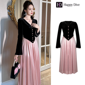 Happy Diva เดรสผู้หญิง เดรสสีชมพู เดรสทรงเอ เดรสกำมะหยี่ เดรสทำงาน เดรสไฮโซ เดรสวินเทจ เดรสออกงาน เดรสปาร์ตี้ ชุดราตรี 21563