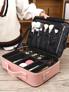 Tas Kosmetik Make Up Beauty Case PU untuk Traveling S/M/L Kompartemen Penyelenggara Rias Wajah Genggam Tas Kosmetik Perjalanan Berkapasitas Besar Kotak Organizer Makeup Portabel Kulit PU Merah Muda/Hitam CXW
