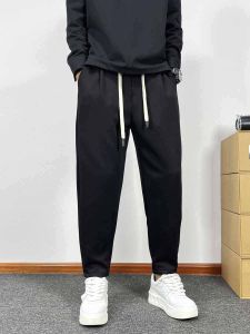 Mens Autumn Winter Loose Knitted Casual Pants Nine Points Straight Harlan Pure Color Versatile Sports Sweatpants