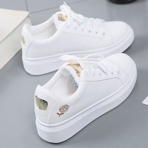 Spring Summer Women PU Leather Panel Shoes Lady Breathable Mid-top Casual Shoes Adult Sporty White Sneakers Student Casual Shoes