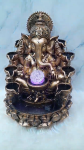 Majestic Golden Ganesha Lotus Fountain with LED Crystal Sphere