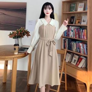 French Color Contrast Stitching Dress Female High Waist Shirt Collar Dress