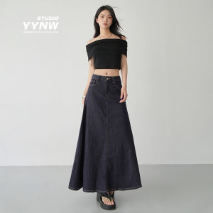 กระโปรงสั้นทรงเอเอวสูง สีน้ำเงินเข้ม ทรงเรโทร กระโปรงยาวคลุมเข่า ทรงเอ สำหรับผู้หญิง ฤดูร้อน 2024 กระโปรงทรงเอเอวสูง