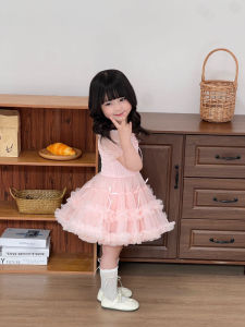 Princess Style Short Sleeve Bubble Skirt Dress for Little Girls Summer Candy Color Cotton Mesh Splice Dress Cute Girl Dress