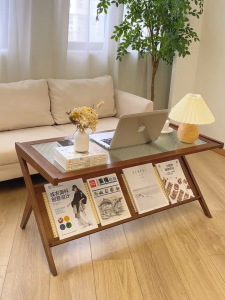 Bamboo Coffee Table with Rattan Shelf Space Saving Wooden Tea Table for Small Living Room