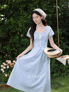 Đầm Dài Mùa Hè Voan Chấm Bi Màu Xanh Nhạt