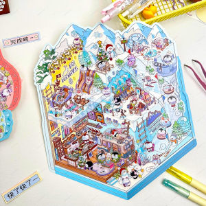 Plus Size Ice Snow World 3D Scene Sticker Cabin Miniature 2.5D Landscaping Stickers Stacking Sticker Christmas Gift for Children